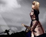  battlefield blonde_hair blood blood_on_face broken_sword fate/stay_night fate_(series) rain saber sword tears weapon 
