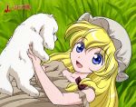 blonde_hair blue_eyes bonnet cosette dirty dog grass laying_down les_miserables les_miserables_shoujo_cosette smile tagme