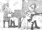  band concerto fukagawa_ino grand_piano guitar hattori_mitsuru highres instrument microphone microphone_stand monochrome music oosawa_hitomi piano piano_bench singing star 