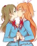  2girls blush brown_hair green_eyes hands_clasped heart houjou_hibiki kiss long_hair looking_at_another minamino_kanade minatsuki_randoseru multiple_girls orange_hair precure school_uniform skirt suite_precure twintails two_side_up yuri 