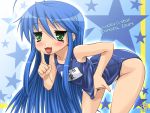  bare_shoulders bent_over blue_hair blush chikuwa_(tikuwa) flat_chest green_eyes izumi_konata long_hair lucky_star mole name_tag one-piece_swimsuit open_mouth pointing school_swimsuit swimsuit swimsuit_pull wallpaper 