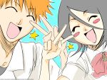 1boy 1girl black_hair bleach blush_stickers kuchiki_rukia kurosaki_ichigo open_mouth orange_hair school_uniform short_hair smile star 