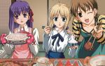  ahoge blonde_hair blouse brown_eyes brown_hair fate/stay_night fate_(series) food fujimura_taiga green_eyes highres long_hair matou_sakura purple_eyes purple_hair rice saber wallpaper watermark wink 