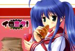  blush chocolate_cornet food highres ikegami_akane izumi_konata lucky_star parody school_uniform twintails 