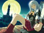  artist_request blush character_request closed_eyes hand_to_chest holding_hands long_hair moon night roof school_uniform silhouette sitting skirt smile source_request white_hair wiz_anniversary 