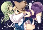  2girls aqua_eyes bad_id blonde_hair blue_eyes detached_sleeves eyes frog green_hair hair_ornament hat hug kneeling kochiya_sanae leaning_forward long_hair masaru.jp moriya_suwako multiple_girls star thighhighs touhou white_legwear yellow_eyes 