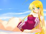  1girl adapted_costume alice_soft blonde_hair competition_swimsuit female green_eyes lizna_ranfbit long_hair lying on_side one-piece_swimsuit orion_(orionproject) rance rance5d rance_(series) solo swimsuit wallpaper 