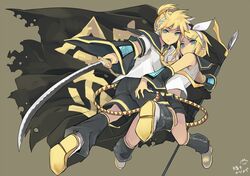  blue_eyes brother_and_sister hair_ornament hairclip headphones kagamine_len kagamine_rin seiju_natsumegu short_hair siblings sword twins vocaloid weapon 