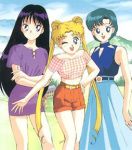  belt bishoujo_senshi_sailor_moon checkered dress grass happy hino_rei legs mizuno_ami outside shorts smile tsukino_usagi twintails wink 