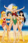  5girls ^_^ aino_minako barefoot beach bikini bishoujo_senshi_sailor_moon feet friends happy hino_rei kino_makoto lowres mizuno_ami multiple_girls official_art one_piece_swimsuit outside piggyback sailor_jupiter sailor_mars sailor_mercury sailor_moon sailor_venus smile summer swimsuit tsukino_usagi wrap 