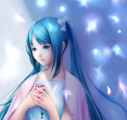  aqua_eyes aqua_hair bow cellphone hair_bow hatsune_miku jewelry phone ring solo twintails vocaloid yori 