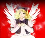  angel_wings blonde_hair gengetsu kizoku-chan ribbon short_hair smile solo touhou touhou_(pc-98) wings yellow_eyes 