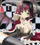  blush breasts bridal_gauntlets cape checkered checkered_background choker cleavage demon_girl fingernails green_eyes horns jewelry long_fingernails looking_at_viewer lying marker_(medium) nail_polish necklace on_side original pointy_ears red_hair redhead sample short_hair solo thigh-highs thighhighs traditional_media 