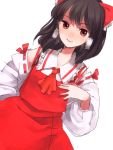  74_(teduka) bad_id black_hair bow brown_eyes detached_sleeves dutch_angle face hair_bow hakurei_reimu hand_on_chest hand_on_own_chest hand_to_chest hands lips miko no_nose red_eyes sketch smile solo touhou 