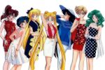  aino_minako bishoujo_senshi_sailor_moon chinese_dress cross_necklace dress hino_rei kaiou_michiru kino_makoto mizuno_ami official_art polka_dots scarf ten&#039;ou_haruka tsukino_usagi wavy_hair 