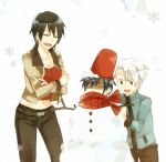  belt black_hair breasts cleavage closed_eyes collarbone crossed_arms eyes_closed fairy_tail gray_fullbuster green_eyes jacket laughing lyon_bastia midriff multiple_boys navel scarf short_hair snow snowman tank_top ur_(fairy_tail) wa_ga_ne white_hair young 