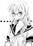  blonde_hair blush flat_chest glasses monochrome original school_uniform serafuku shabon_(smilebox1) simple_background solo 