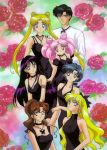   aino_minako bishoujo_senshi_sailor_moon black black_dress chiba_mamoru chibi_usa earrings everyone hair_bow hino_rei kino_makoto mizuno_ami necklace roses smile tsukino_usagi  