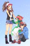  1boy 1girl bare_shoulders baseball_cap blue_eyes brown_eyes brown_hair denim denim_shorts hat hug jacket legs lilligant pokemon pokemon_(creature) pokemon_(game) pokemon_black_and_white pokemon_bw ponytail s-kura shorts touko_(pokemon) touya_(pokemon) vest whimsicott wink 