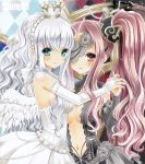  angel angel_wings aqua_eyes ayuayu breasts bridal_gauntlets crown dress elbow_gloves eyepatch gloves holding looking_at_viewer multiple_girls navel original pink_eyes pink_hair sample silver_hair white_hair wings 