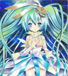  ayuayu bare_shoulders blue_eyes blush detached_sleeves dress gradient_hair green_hair hair_ornament hand_on_chest hand_on_own_chest hand_to_chest hatsune_miku long_hair looking_at_viewer marker_(medium) multicolored_hair nail_polish sample spica_(vocaloid) traditional_media twintails very_long_hair vocaloid young 