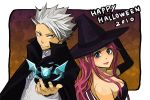  1girl 2010 bad_id bare_shoulders bat blue_eyes breasts cape cleavage elbow_gloves english fairy_tail ginger_(niningasi) gloves halloween happy_halloween hat ice lipstick long_hair looking_back lyon_bastia magic makeup pink_hair sherry_blendi spiked_hair spiky_hair white_hair witch_hat 