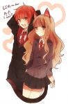  1girl animal_ears brown_eyes brown_hair cat_ears cat_tail couple hand_behind_head harry_potter heart hermione_granger looking_at_viewer miyako_(xxxbibit) myk necktie open_mouth red_eyes red_hair ron_weasley school_uniform simple_background tail 