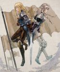  agrias_oaks armor boots braid crossover final_fantasy final_fantasy_tactics flag gloves iwanai_tomoeju multiple_girls ravness_loxaerion single_braid sword tactics_ogre thigh-highs thigh_boots thighhighs trait_connection twin_braids weapon 