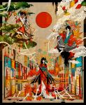  hannya haruichi_(haru123) heterochromia highres hinomoto_oniko japanese_clothes kimono mask oni original red_sun sun tree 