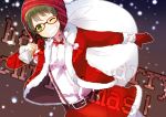  ayase08 bag bowtie christmas engrish glasses gloves green_eyes green_hair grin gumi hat pantyhose pun2 ranguage sack santa_clause santa_costume skirt smile snow suspenders vocaloid white_legwear wink 