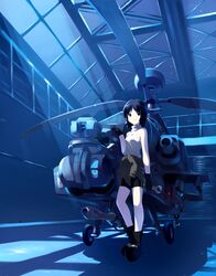  absurdres ah-64 ah-64_apache bare_shoulders bike_shorts black_gloves black_hair blue boots detached_sleeves gloves gun helicopter highres jacket_around_waist night original rinz short_hair sky sleeveless sleeveless_turtleneck smile solo star star_(sky) starry_sky thigh-highs thighhighs turtleneck weapon wrench 