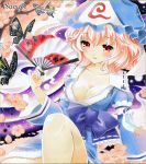  blush breasts butterfly cherry_blossoms cleavage fan folding_fan hat hitodama japanese_clothes light_smile marker_(medium) petals pink_eyes pink_hair pinky_out saigyouji_yuyuko sample short_hair sitting touhou traditional_media 