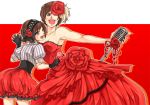  armpits bad_id bare_shoulders breasts brown_eyes brown_hair dress dual_persona flower gloves gown hairband hitachi meiko microphone multiple_girls open_mouth red red_rose rose sakine_meiko short_hair strapless strapless_dress vocaloid wink young 