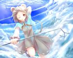  animal_ears capelet cloud clouds dowsing_rod dowsing_rods flying forehead highres jewelry mouse_ears mouse_tail nazrin pendant red_eyes sakura_ani short_hair sky smile solo sunbeam sunlight syanayuuji tail touhou wink 