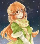  1girl bleach blush female hair_between_eyes hair_ornament hairpin inoue_orihime long_hair orange_hair scarf smile snow snowing solo upper_body 