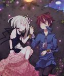  artist_request campfire cat closed_eyes eyes_closed flower fragile hair_flower hair_ornament hand_holding holding_hands moon night red_hair redhead ren_(fragile) seto_(fragile) short_hair sleeping water white_hair 