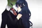  1girl 4chan anonymous blue_eyes blue_hair couple dress duplicate elbow_gloves formal gloves hair_ornament long_hair lowres necktie personification suit tie tumblr 