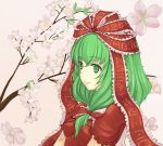  asya bust dress flower frilled_dress frills front_ponytail green_eyes green_hair hair_ribbon kagiyama_hina ribbon smile solo touhou 