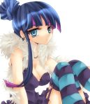  alternate_hairstyle black_dress blue_eyes blue_hair boa breasts cleavage dress earrings feather_boa formal garterbelt hair_up jewelery kaibundou long_hair multicolored_hair necklace panty_&amp;_stocking_with_garterbelt pink_hair simple_background solo stocking_(character) stocking_(psg) stockings thighhighs two-tone_hair 