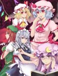  adjusting_glasses ascot bat_wings bespectacled blonde_hair blue_eyes blue_hair book bow braid brooch crescent crescent_moon crossed_arms crystal flandre_scarlet glasses grey_hair hair_bow hand_to_mouth hat hat_ribbon hong_meiling izayoi_sakuya jewelry knife long_hair maid maid_headdress multiple_girls patchouli_knowledge profile purple_eyes purple_hair red_eyes red_hair redhead remilia_scarlet ribbon smile the_embodiment_of_scarlet_devil throwing_knife touhou twin_braids violet_eyes weapon wings yoi 