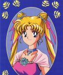  bishoujo_senshi_sailor_moon blonde_hair blue_eyes buns card formal hairbows pink_dress tsukino_usagi twintails 