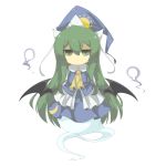  absurdres bad_id bat_wings crescent eiri_(eirri) expressionless ghost green_eyes green_hair hat highres long_hair mima moon simple_background solo sun touhou wings wizard_hat 