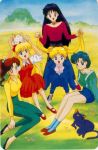  aino_minako artemis_(sailor_moon) bishoujo_senshi_sailor_moon black_hair blonde_hair grass hair_bow hair_pull happy hino_rei kino_makoto luna_(sailor_moon) mary_janes mizuno_ami necklace outside picnic smile socks tsukino_usagi twintails 