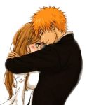  1boy 1girl bleach blush couple hug inoue_orihime kurosaki_ichigo long_hair lowres orange_hair short_hair 