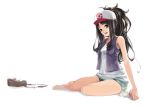  antenna_hair bag bare_shoulders barefoot baseball_cap brown_hair denim denim_shorts green_eyes hat high_ponytail kange long_hair messenger_bag open_mouth poke_ball pokemon pokemon_(game) pokemon_black_and_white pokemon_bw ponytail shadow short_shorts shorts shoulders simple_background sitting smile solo touko_(pokemon) vest yokozuwari 