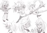  blazer blush demon_girl double_gold_spandex dress_shirt frown glasses hair_ornament high_heels horns kneesocks_(character) kneesocks_(psg) long_hair moketa monochrome necktie panty_&amp;_stocking_with_garterbelt pointy_ears ponytail school_uniform scythe see-through shirt shoes skirt smile solo tears thigh-highs thighhighs unicorn weapon white_hair 