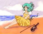  beach bishoujo_senshi_sailor_moon dress kaiou_michiru sand sitting violin wavy_hair wind 