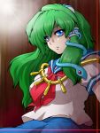  blue_eyes frog green_hair hair_ornament jewelry kochiya_sanae necklace school_uniform serious snake solo touhou zeroemon 