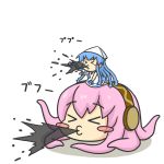  blue_hair blush blush_stickers ikamusume ink kakushiaji megurine_luka mini-ikamusume minigirl o3o pointing shinryaku!_ikamusume squid_ink takoluka vocaloid 