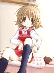  bed dressing footwear hidamari_sketch kahis_(sweetbriar) panties pantyshot school_uniform sitting socks stuffed_animal stuffed_toy teddy_bear underwear white_panties yuno 